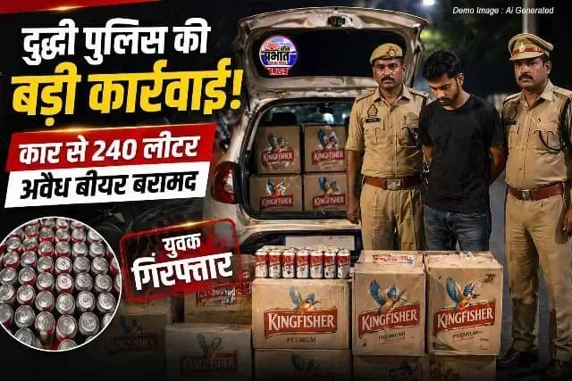 दुद्धी में पुलिस की बड़ी कार्रवाई : कार से 240 लीटर अवैध बीयर बरामद, युवक गिरफ्तार