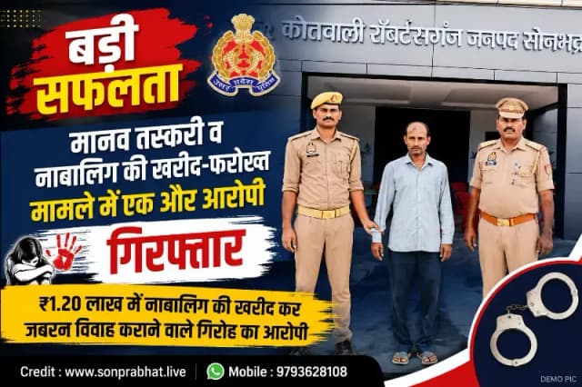 मानव तस्करी मामले में सोनभद्र पुलिस को बड़ी कामयाबी, ₹1.20 लाख में नाबालिग की खरीद कर जबरन विवाह कराने वाला आरोपी गिरफ्तार