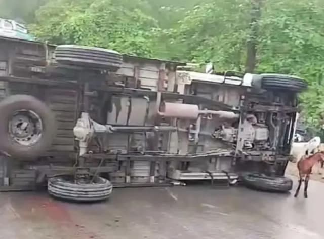 रेनुकूट मुर्धवा मोड के पास हुआ हादसा, बारिश में बकरियों से लदी पिकअप पलटी, चालक और बकरियां सुरक्षित