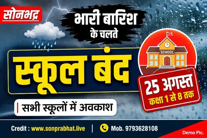 School holiday:भारी बारिश के चलते सोनभद्र में कक्षा 1 से 8 तक के सभी स्कूल 25 अगस्त को बंद