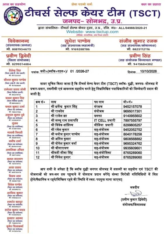 टीचर सेल्फ केयर टीम (TSCT) सोनभद्र का गठन