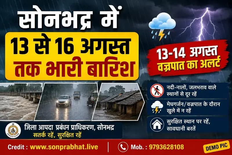 Weathaer Alert : सोनभद्र में 13 से 16 अगस्त तक भारी बारिश का अलर्ट, 13-14 को वज्रपात की आशंका