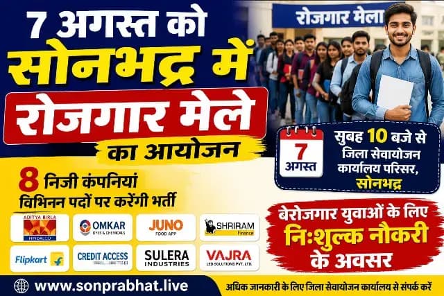 सोनभद्र रोजगार मेला 2026: 7 अगस्त को निजी कंपनियां करेंगी भर्ती, युवाओं को मिलेगा नौकरी का अवसर