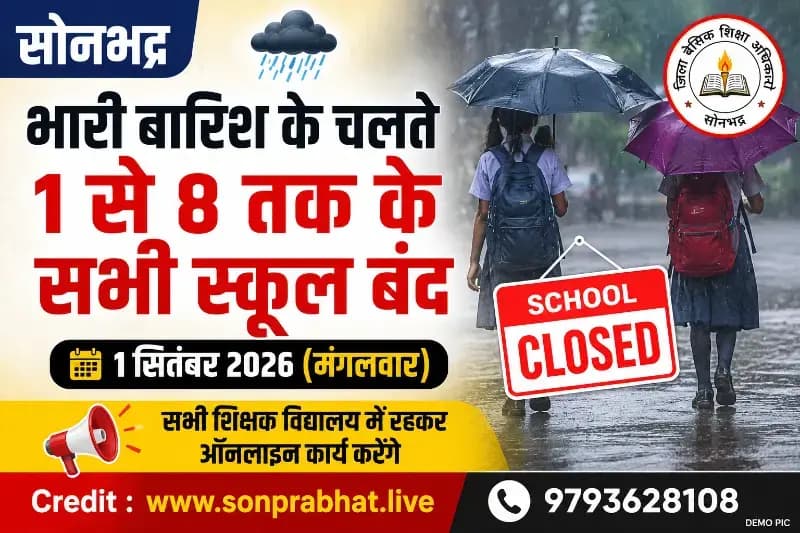 School holiday:भारी बारिश के चलते सोनभद्र में कक्षा 1 से 8 तक के सभी स्कूल 1 सितंबर को रहेंगे बंद