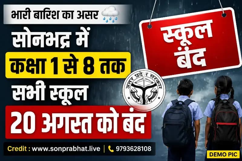 सोनभद्र: भारी बारिश के चलते सोनभद्र में कक्षा 1 से 8 तक के सभी स्कूल 20 अगस्त को बंद