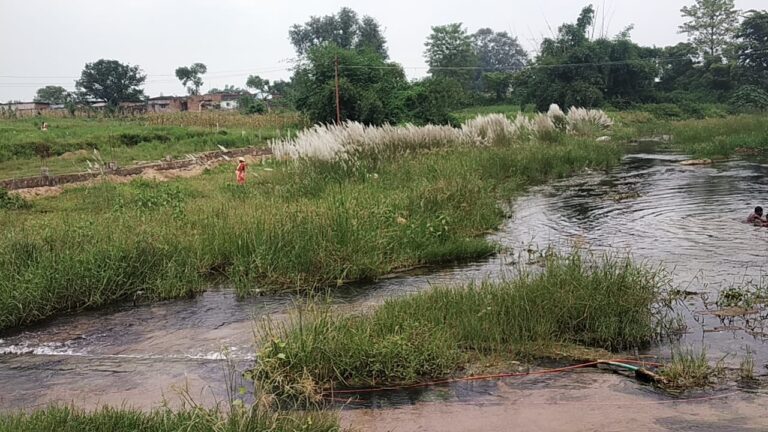 लौवा नदी के रकबे में हो रहा पक्का निर्माण।