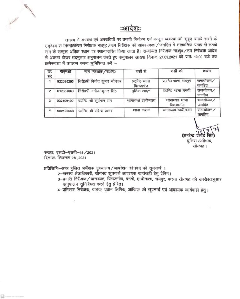 दो निरीक्षक दो उप निरीक्षकों के कार्य क्षेत्र में बदलाव।