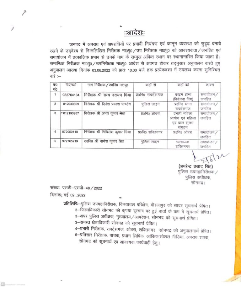 दिनेश प्रकाश पाण्डेय बने प्रभारी निरीक्षक रावर्ट्सगंज