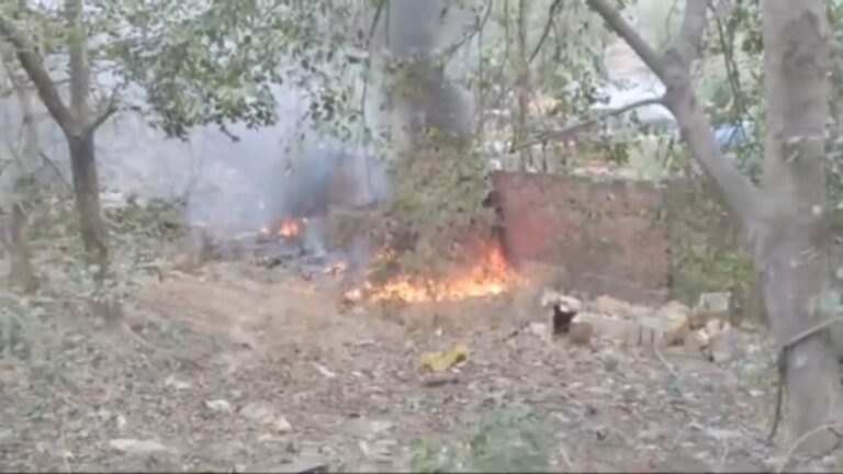 रेणुकूट नगर पंचायत के बाउंड्री वाल के लगी पीछे लगी आग।