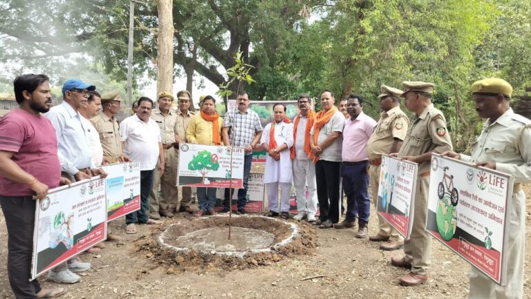 वन विभाग परिसर डाक बंगले में नगर अध्यक्ष ने भाजपा कार्यकर्ताओं संग लगाएं ट्रिगाड़ से सुसज्जित पाकड़ के पौधे।