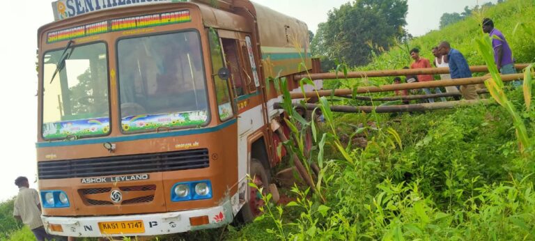 धनौरा ग्राम पंचायत में झाड़ियों की सफाई नहीं होने से बोरवेल की गाड़ी सड़क से नीचे उतरी।