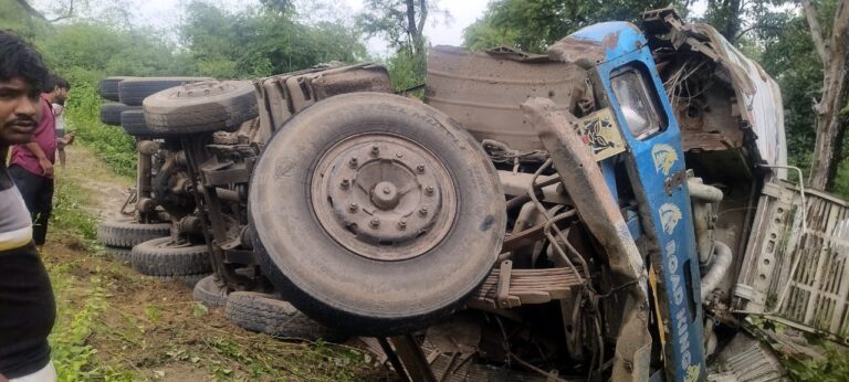 बालिका को टक्कर मार भाग रहा ट्रक मनबसा जंगल में पलटा, चालक-परिचालक फरार।